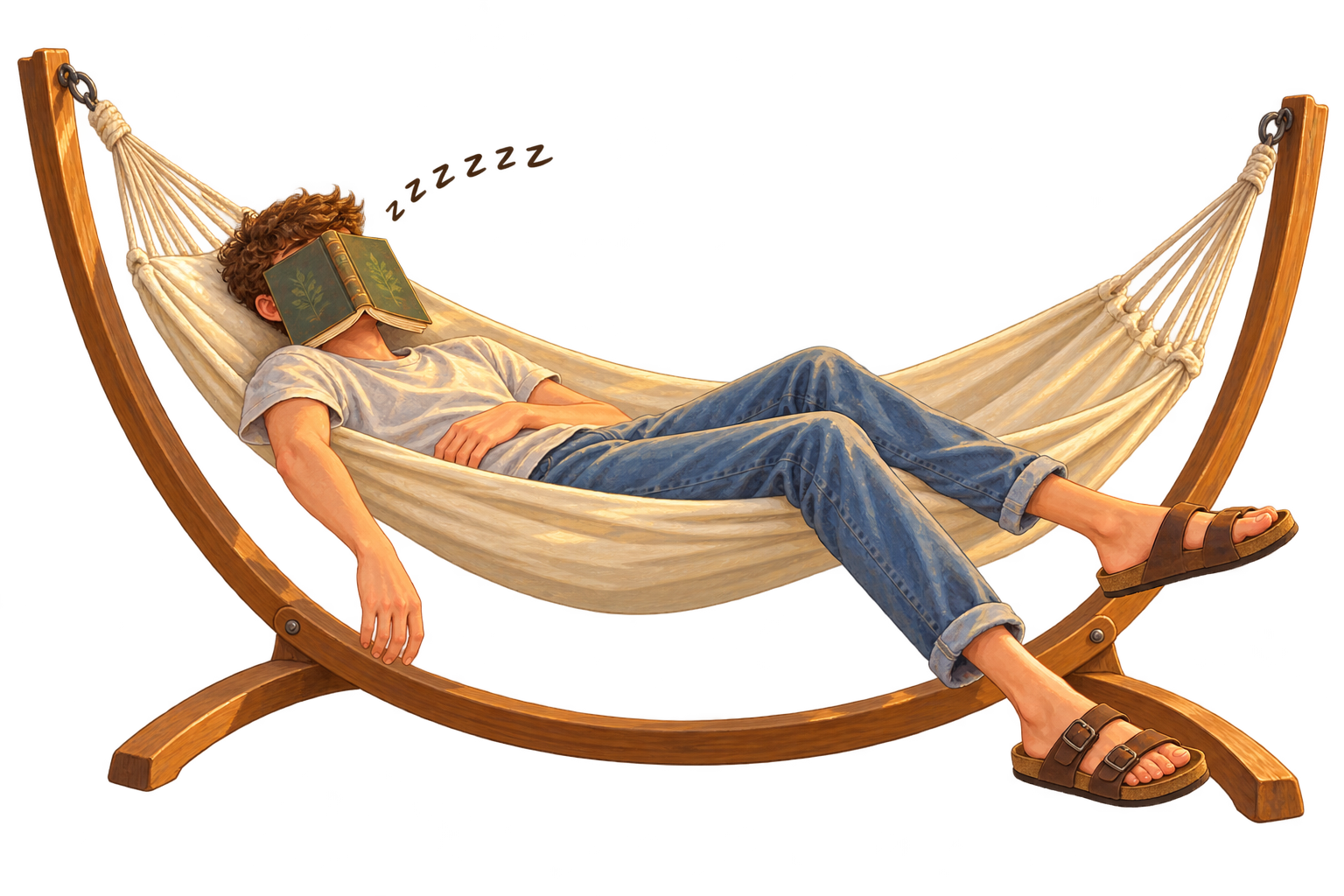 Avery snoozing in a hammock with a book over his face, wearing a loose T-shirt, blue jeans and Birkenstocks.